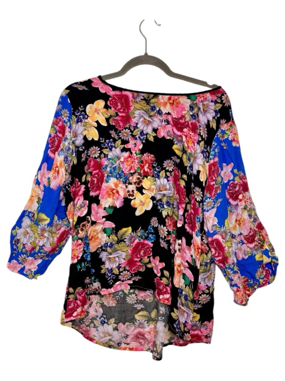 Calessa Floral High Low Blouse Blue Black Boho Artwear Statement XL